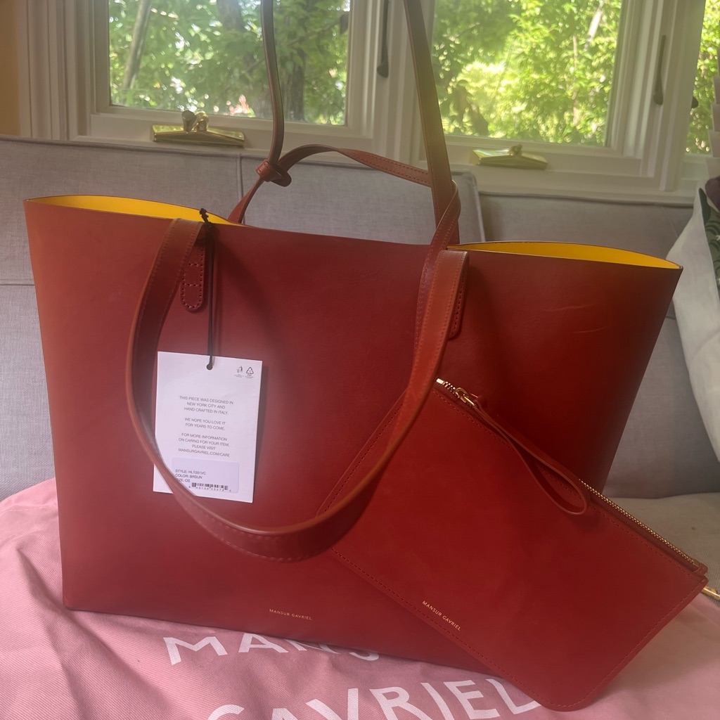 Mansur Gavriel Brown Leather Tote With Yellow Interior And Matching Pouch